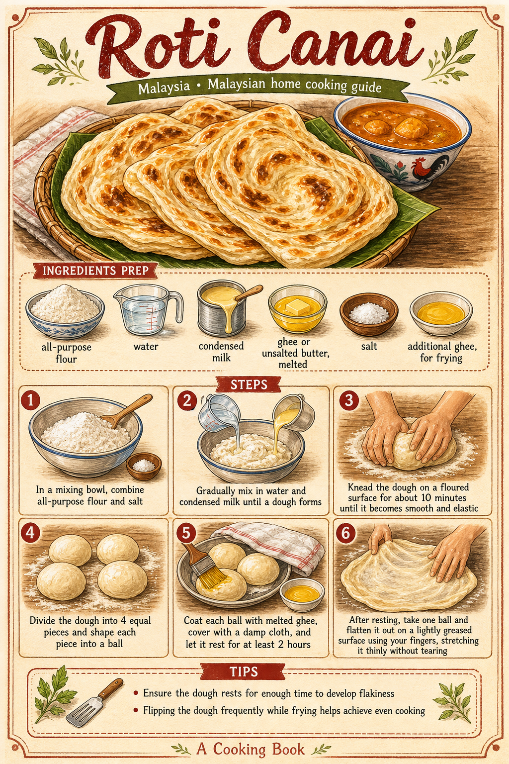 Roti Canai illustrated step-by-step cooking guide