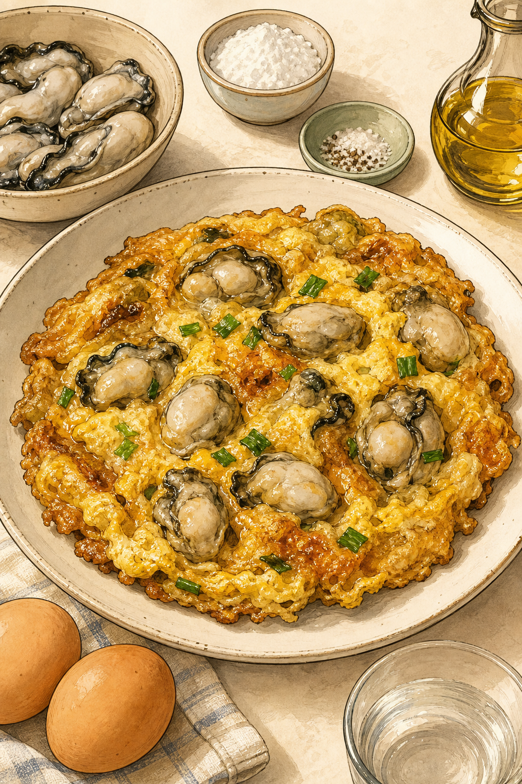 Singapore Oyster Omelette illustrated recipe card