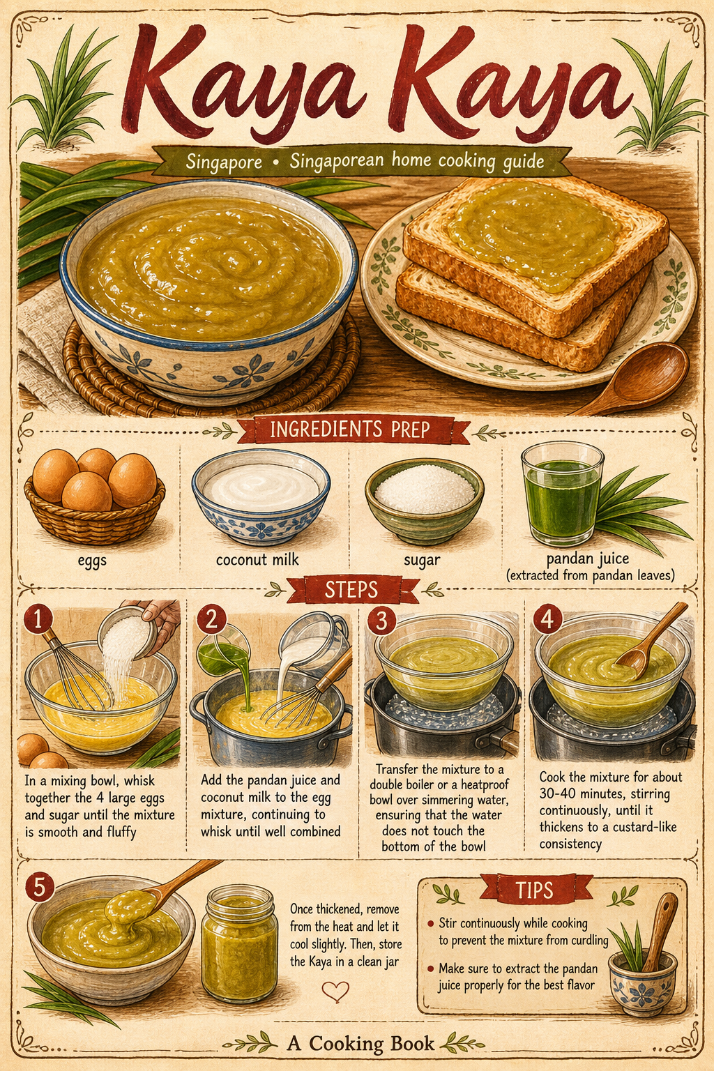 Singapore Kaya (Pandan Coconut Jam) illustrated step-by-step cooking guide