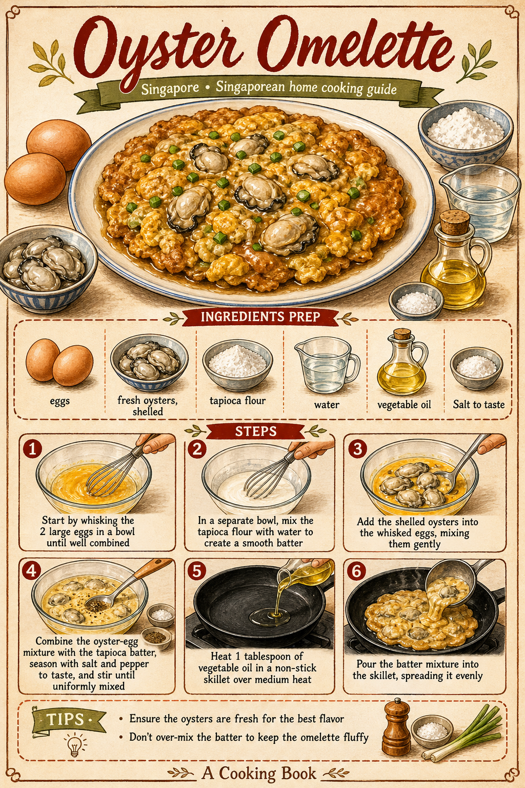 Singapore Oyster Omelette illustrated step-by-step cooking guide