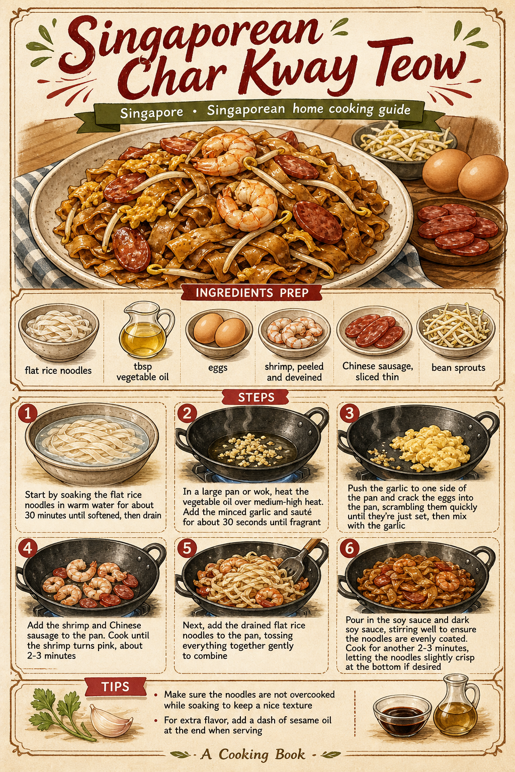 Singapore Char Kway Teow illustrated step-by-step cooking guide