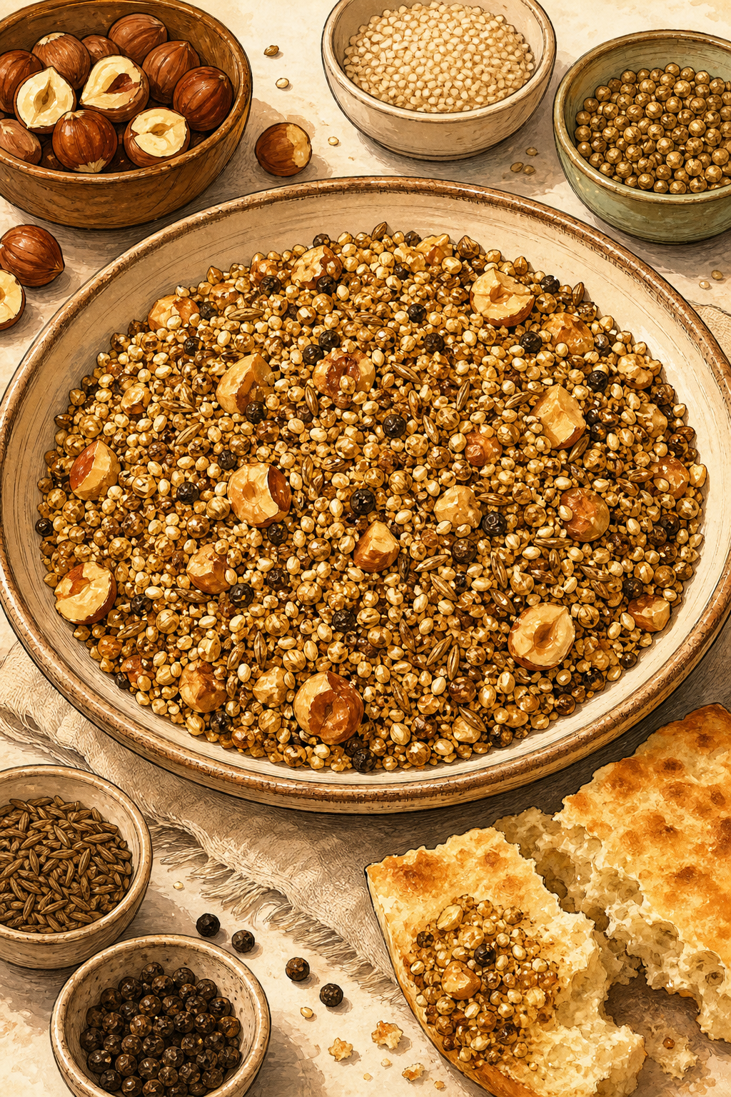 Egyptian Dukkah (Nut and Seed Blend) illustrated recipe card