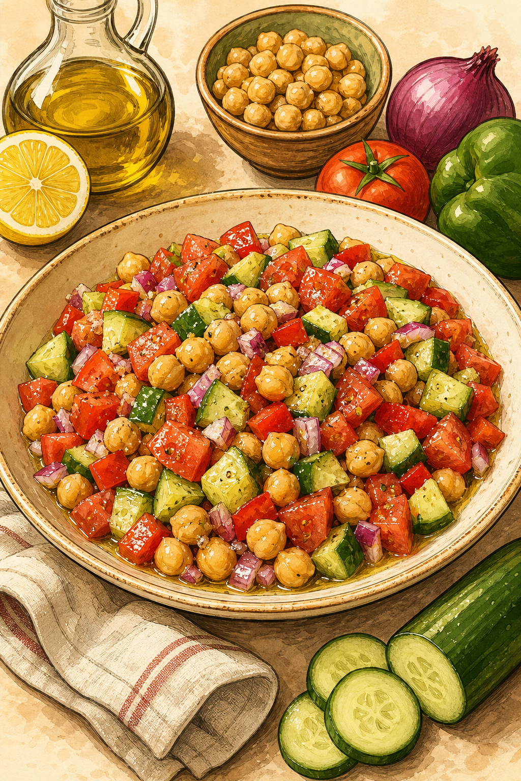 Modern Egyptian Chickpea Baladi Salad illustrated recipe card