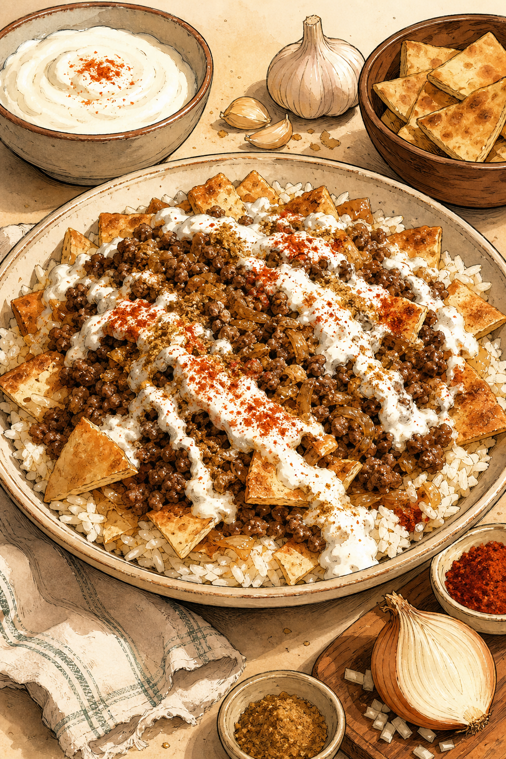 Egyptian Meat Fattah with Garlic-Vinegar Sauce