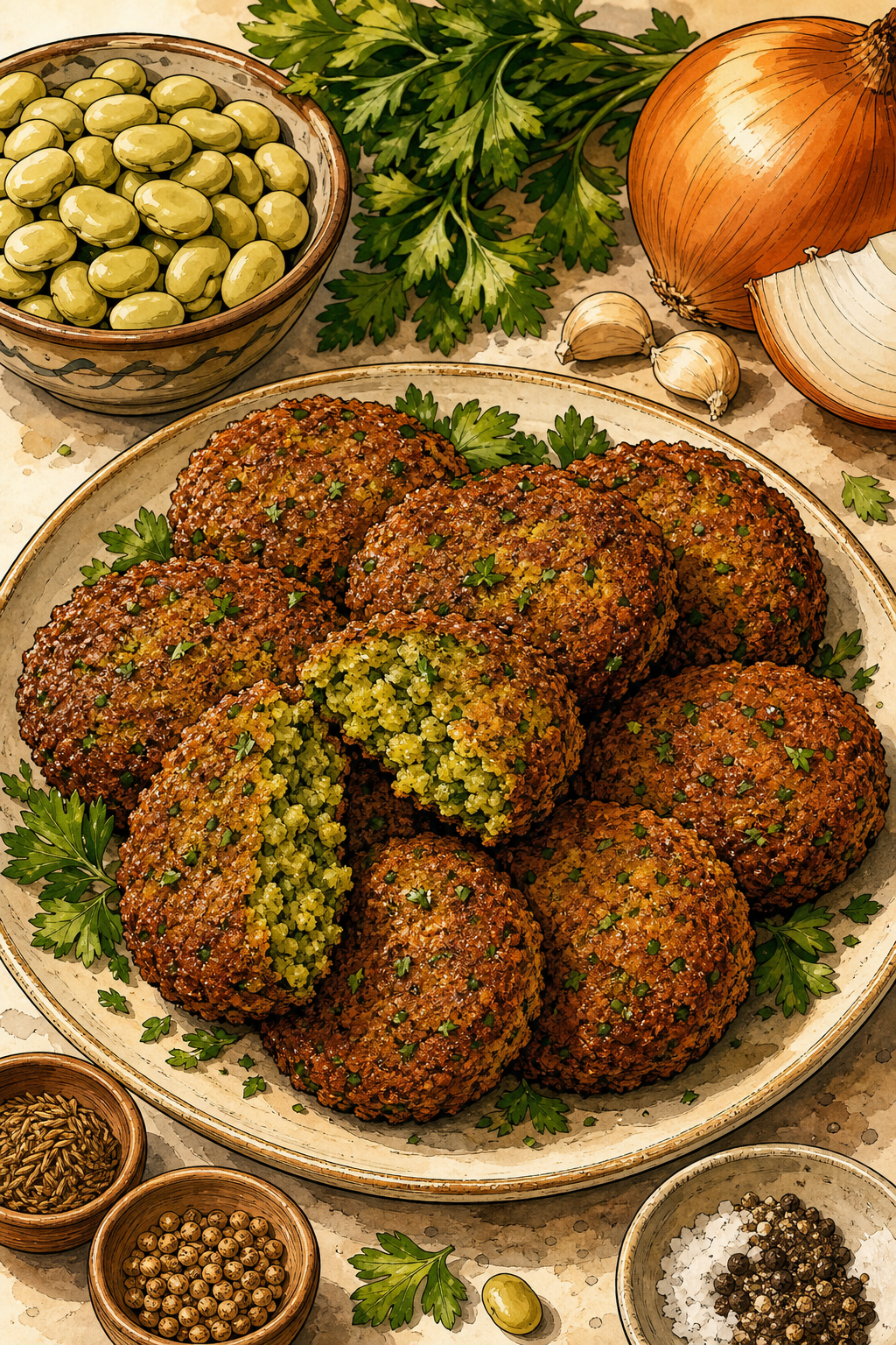 Egyptian Ta'ameya (Fava Bean Falafel) illustrated recipe card