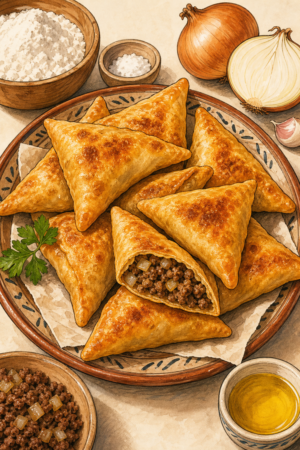 Egyptian Sambusak with Spiced Meat illustrated recipe card