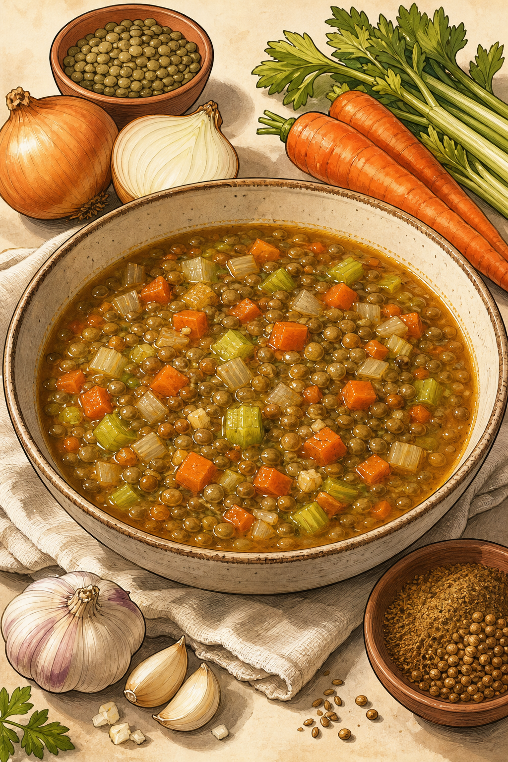 Egyptian Shorbet Ads (Red Lentil Soup) illustrated recipe card