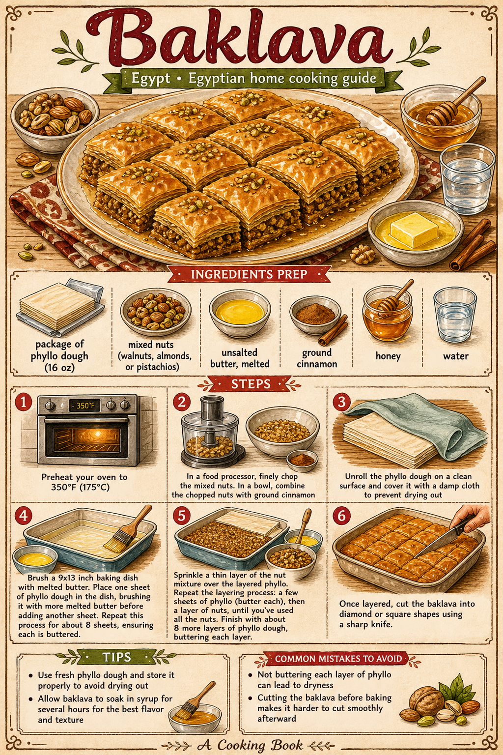 Egyptian Baklava with Nuts and Orange-Blossom Syrup illustrated step-by-step cooking guide
