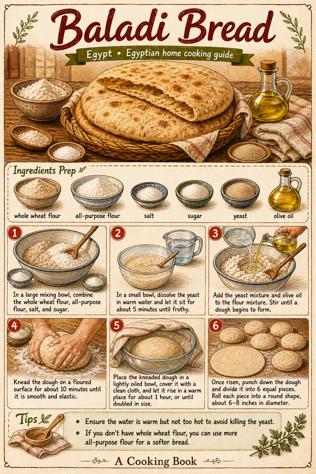 Egyptian Eish Baladi (Whole-Wheat Pocket Bread) illustrated step-by-step cooking guide