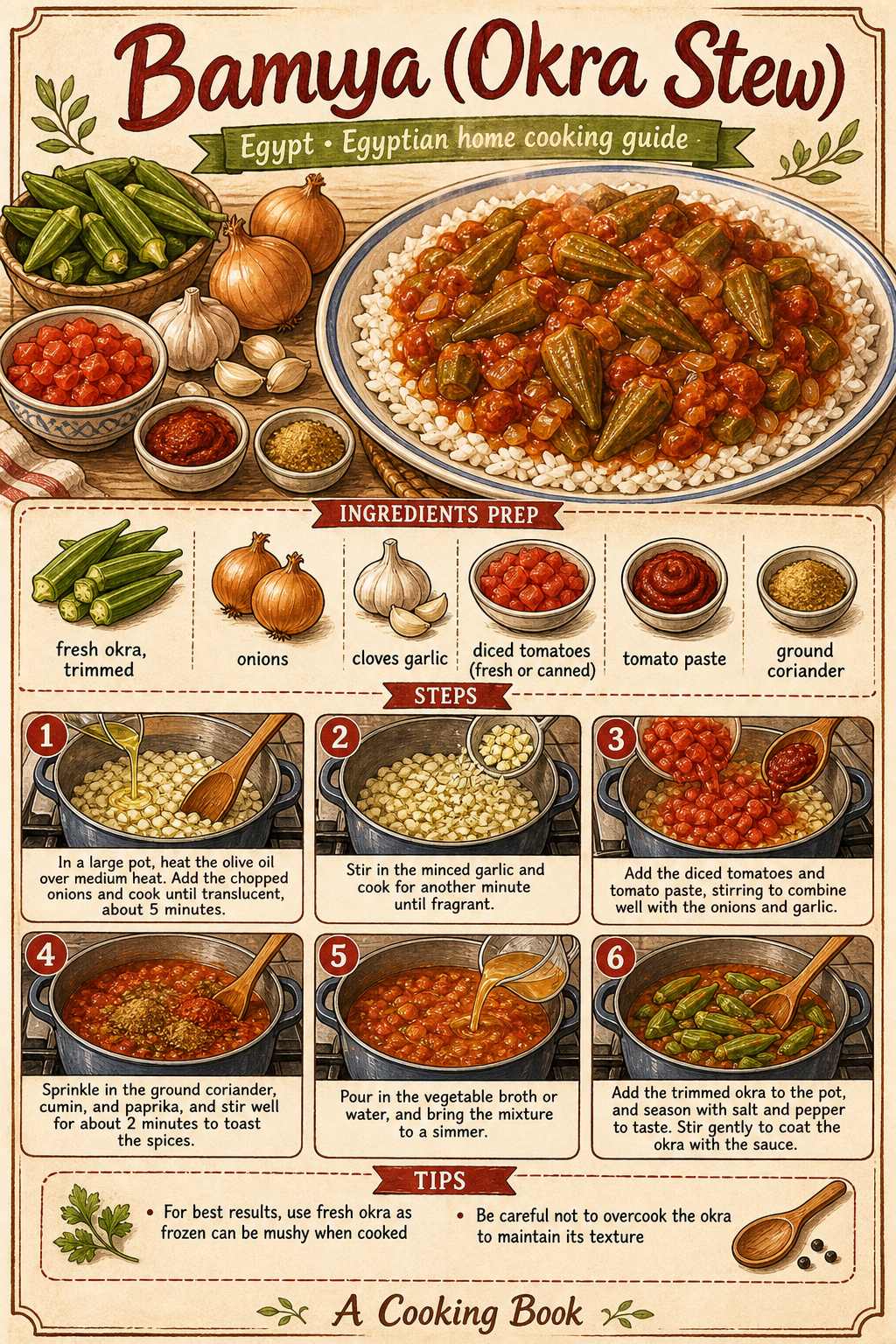 Egyptian Bamya (Okra and Meat Stew) illustrated step-by-step cooking guide