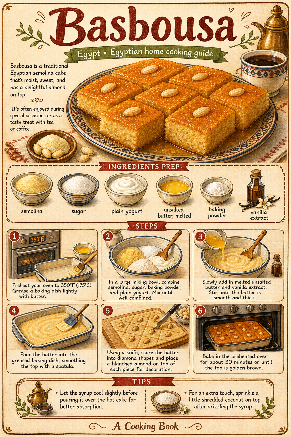 Egyptian Basbousa (Semolina Syrup Cake) illustrated step-by-step cooking guide