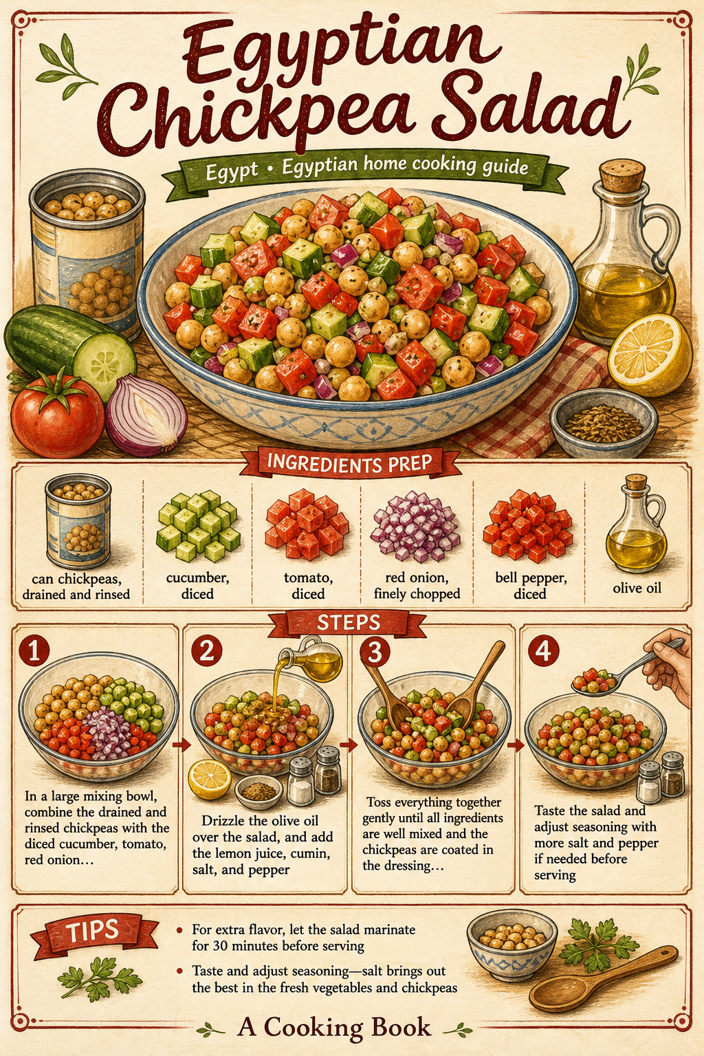 Modern Egyptian Chickpea Baladi Salad illustrated step-by-step cooking guide