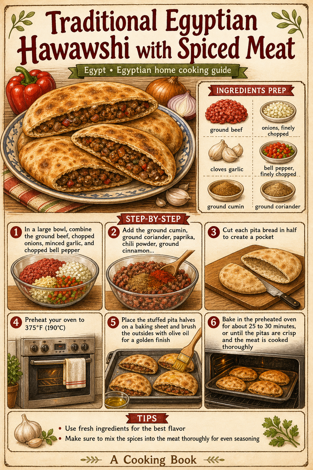 Traditional Egyptian Hawawshi with Spiced Meat illustrated step-by-step cooking guide
