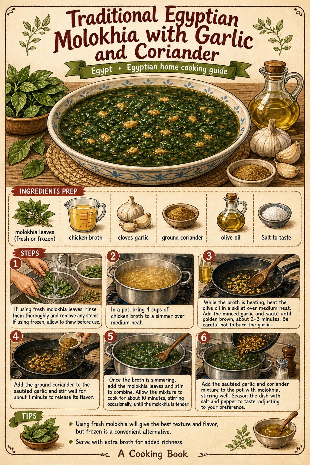 Traditional Egyptian Molokhia with Garlic and Coriander illustrated step-by-step cooking guide