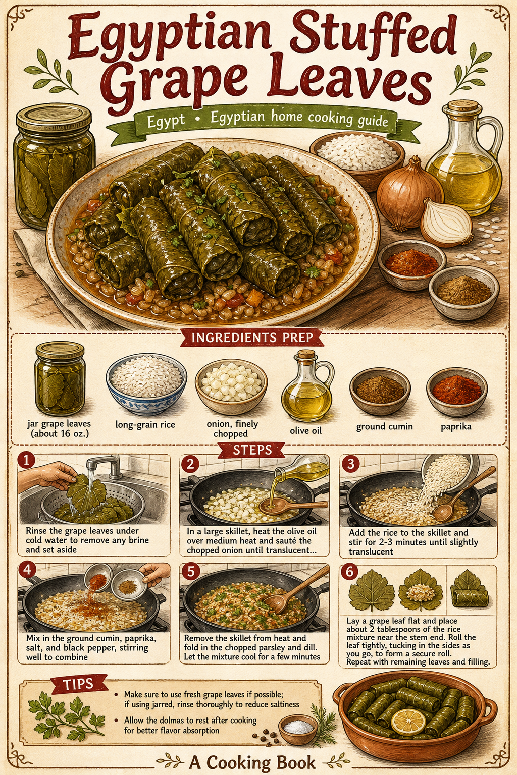 Egyptian Mahshi Wara Enab (Stuffed Grape Leaves) illustrated step-by-step cooking guide