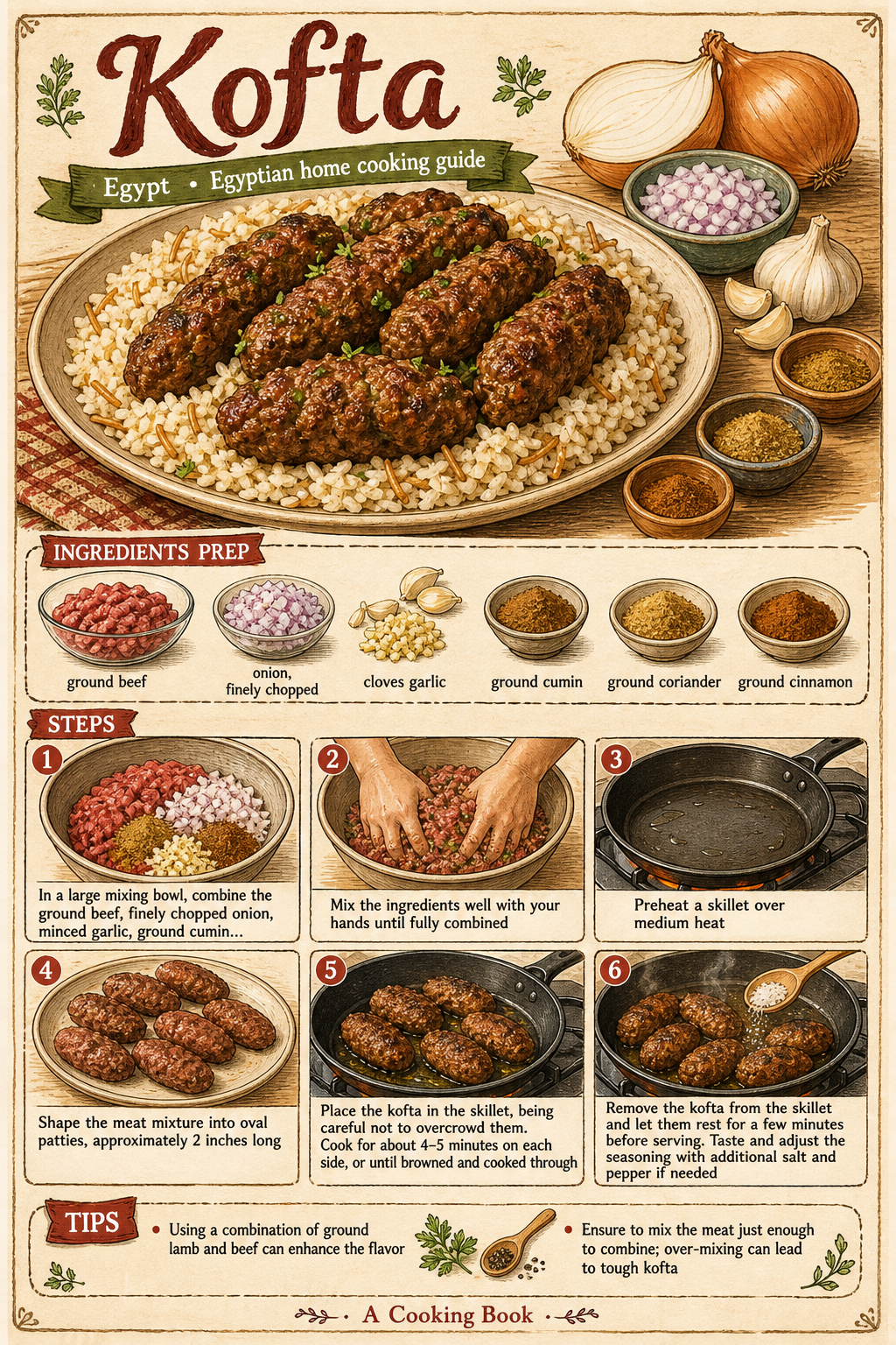 Egyptian Grilled Kofta illustrated step-by-step cooking guide