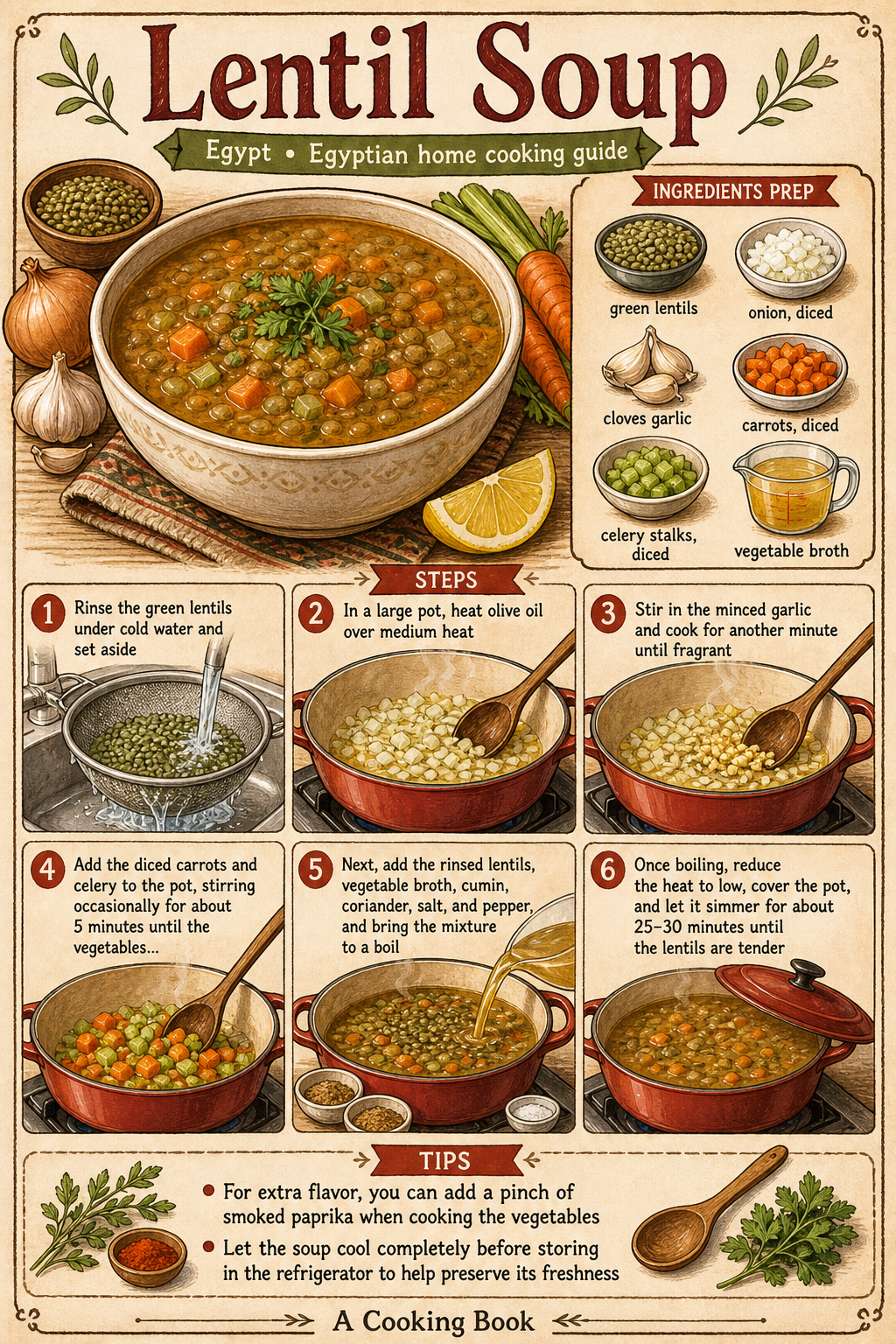 Egyptian Shorbet Ads (Red Lentil Soup) illustrated step-by-step cooking guide