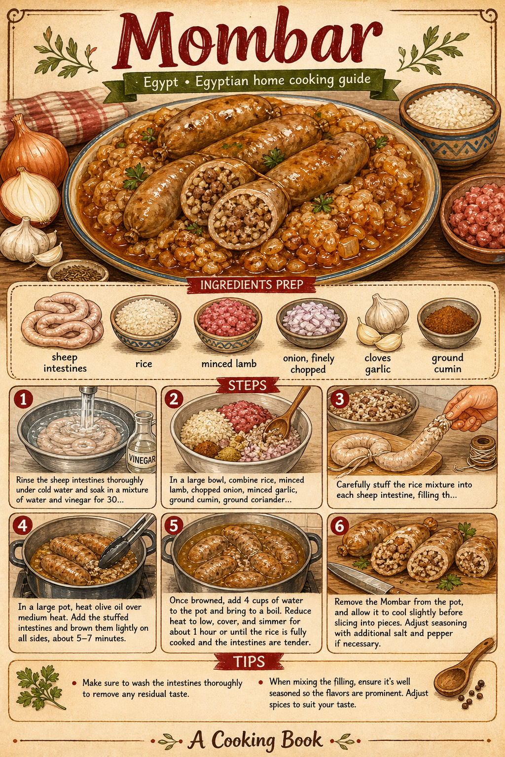 Egyptian Mombar (Rice-Stuffed Intestines) illustrated step-by-step cooking guide