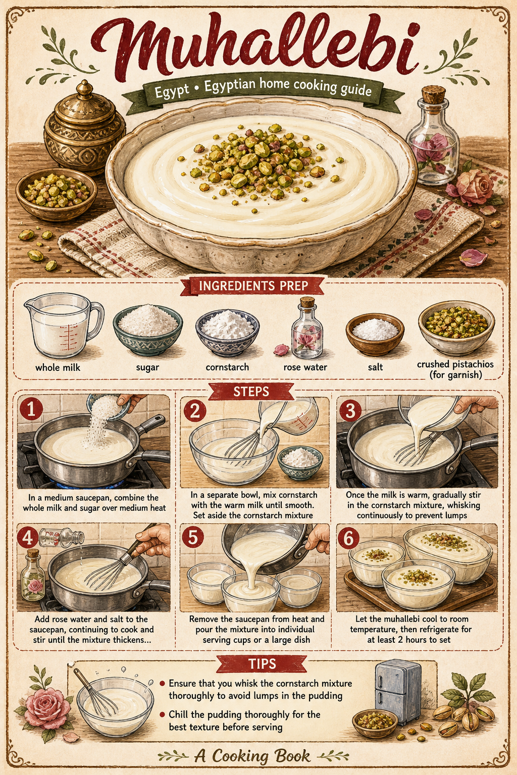 Egyptian Muhallebi (Milk Pudding) illustrated step-by-step cooking guide