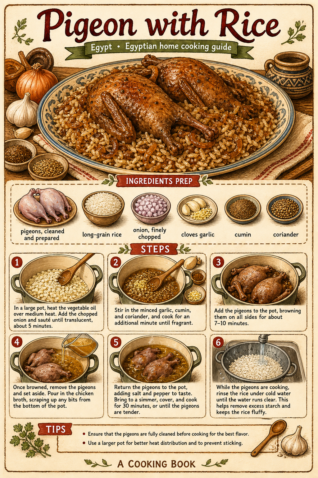 Egyptian Hamam Mahshi (Stuffed Pigeon) illustrated step-by-step cooking guide