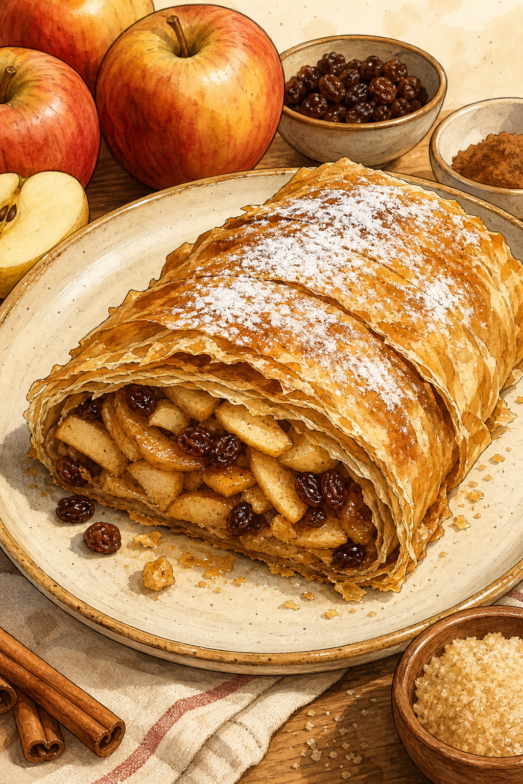 Bayerischer Apfelstrudel illustrated recipe card