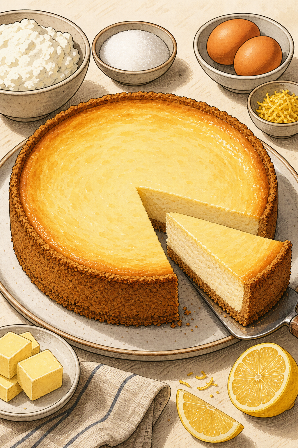 Deutscher Käsekuchen mit Quark illustrated recipe card