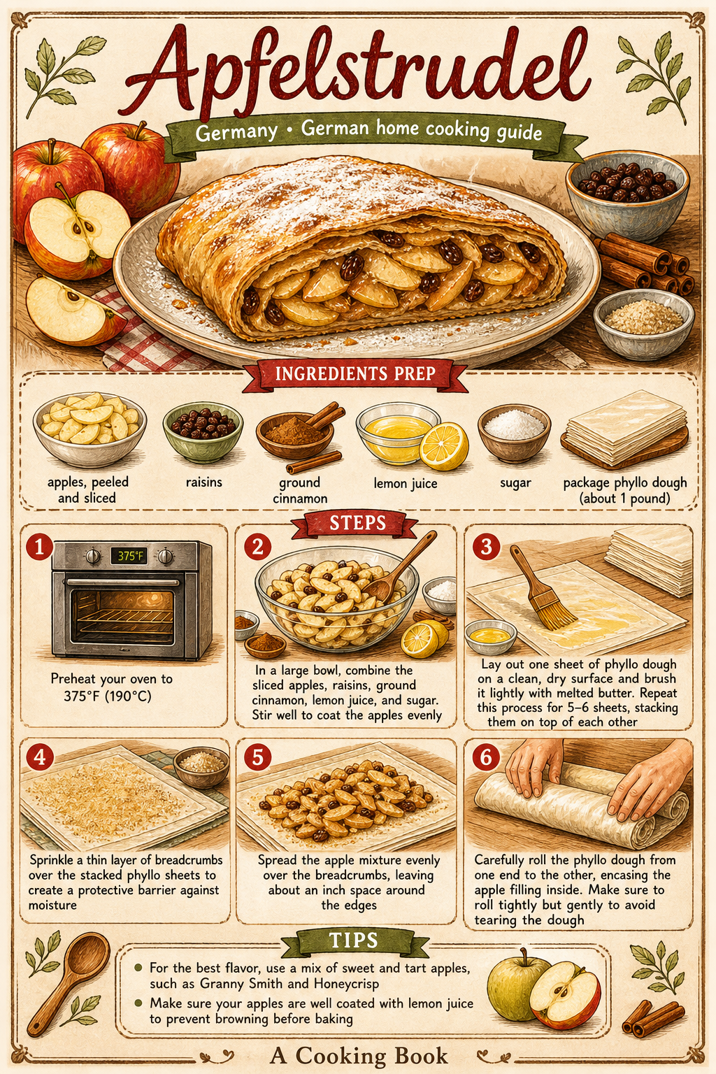 Bayerischer Apfelstrudel illustrated step-by-step cooking guide