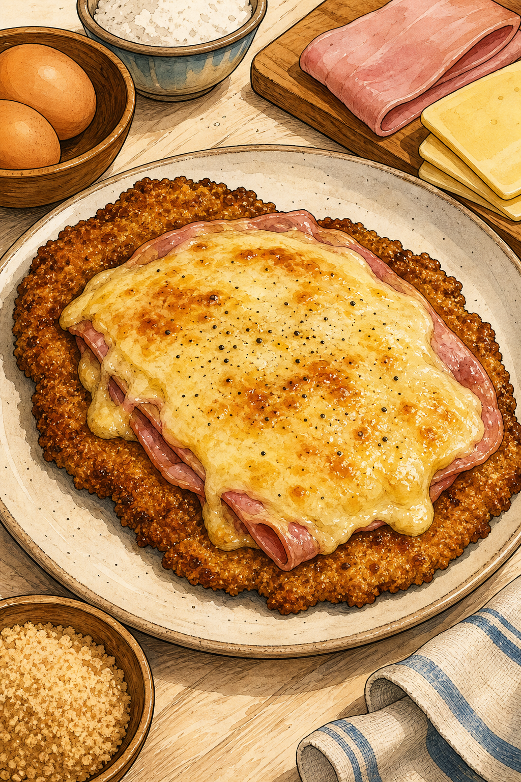 Traditional Argentine Milanesa a la Napolitana illustrated recipe card