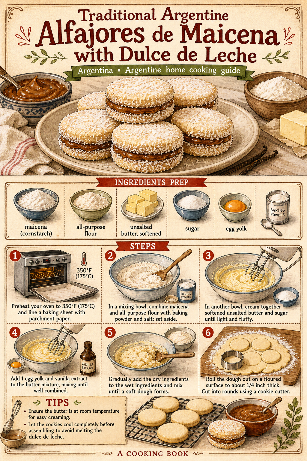 Traditional Argentine Alfajores de Maicena illustrated step-by-step cooking guide