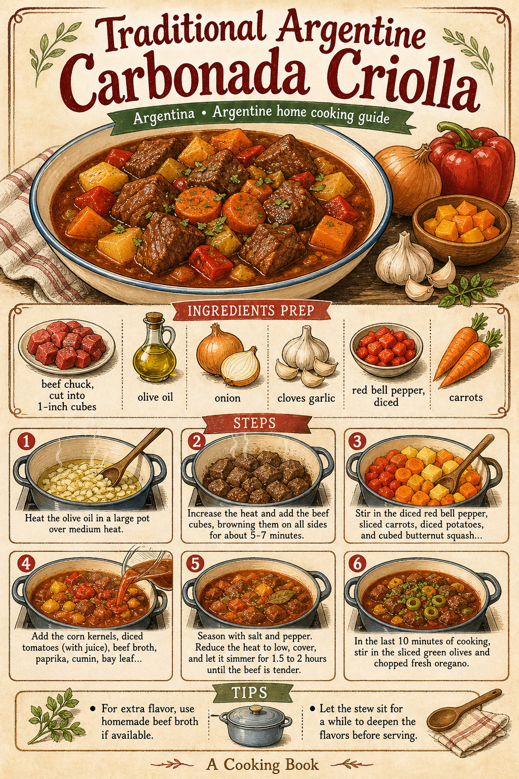 Traditional Argentine Carbonada Criolla illustrated step-by-step cooking guide