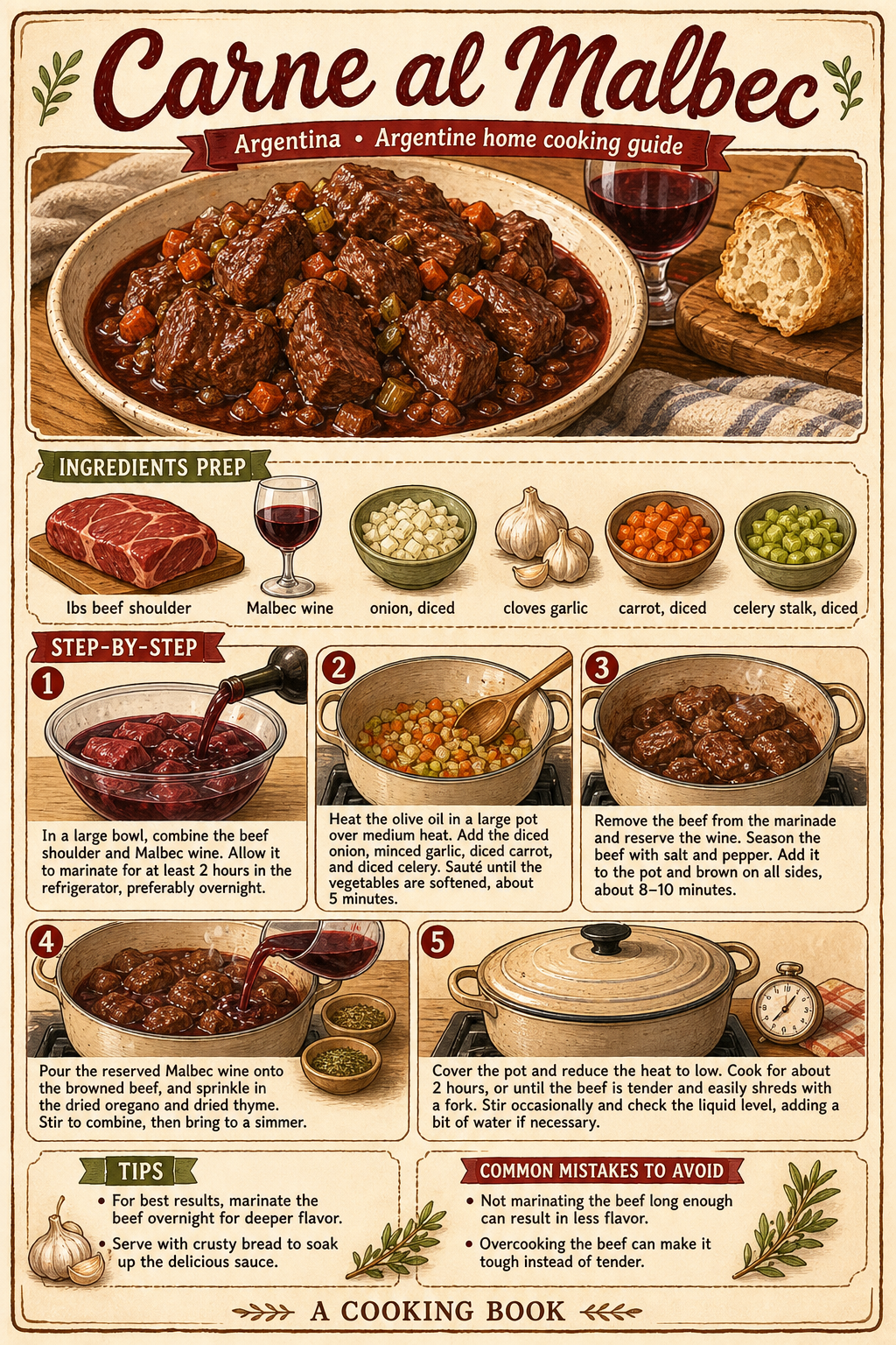 Modern Argentine Carne al Malbec illustrated step-by-step cooking guide