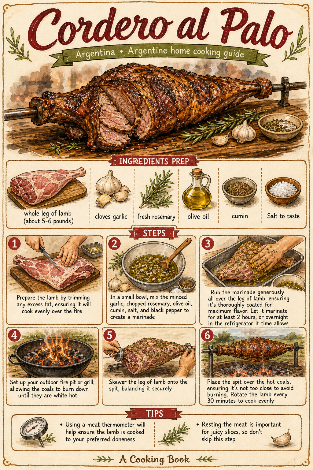 Patagonian Cordero a la Cruz illustrated step-by-step cooking guide