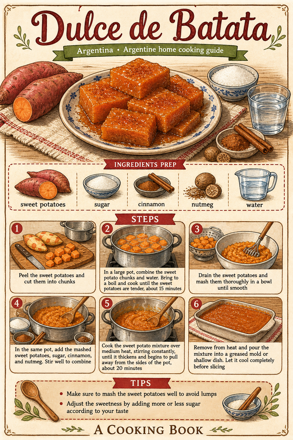 Traditional Argentine Dulce de Batata illustrated step-by-step cooking guide