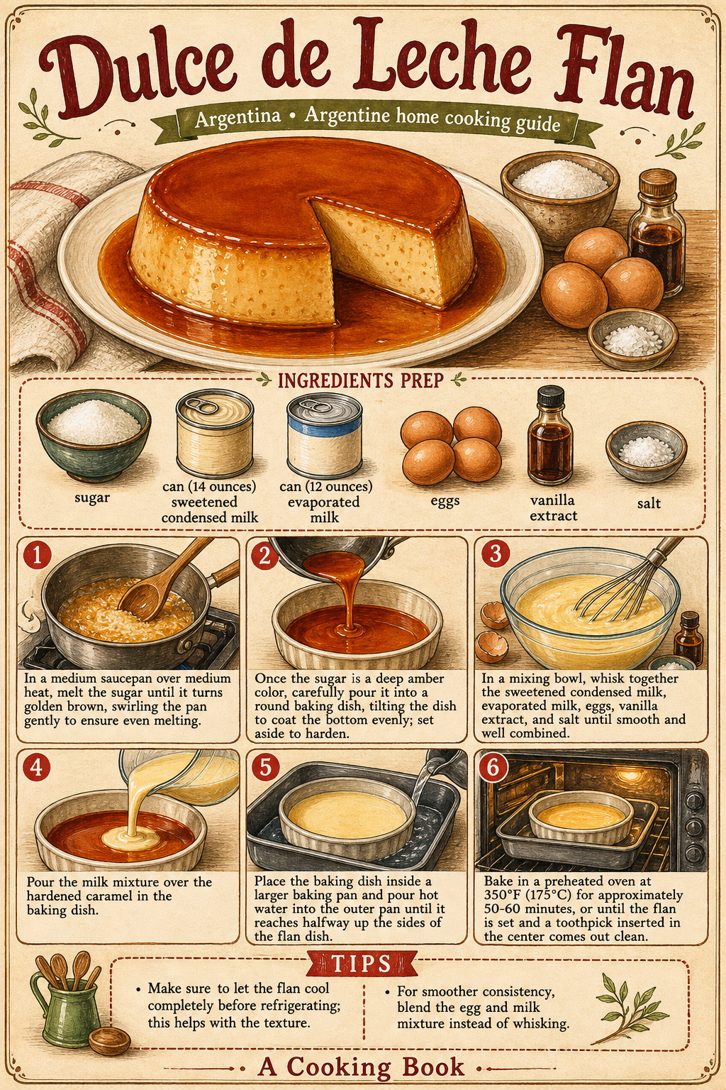 Argentine Flan con Dulce de Leche illustrated step-by-step cooking guide