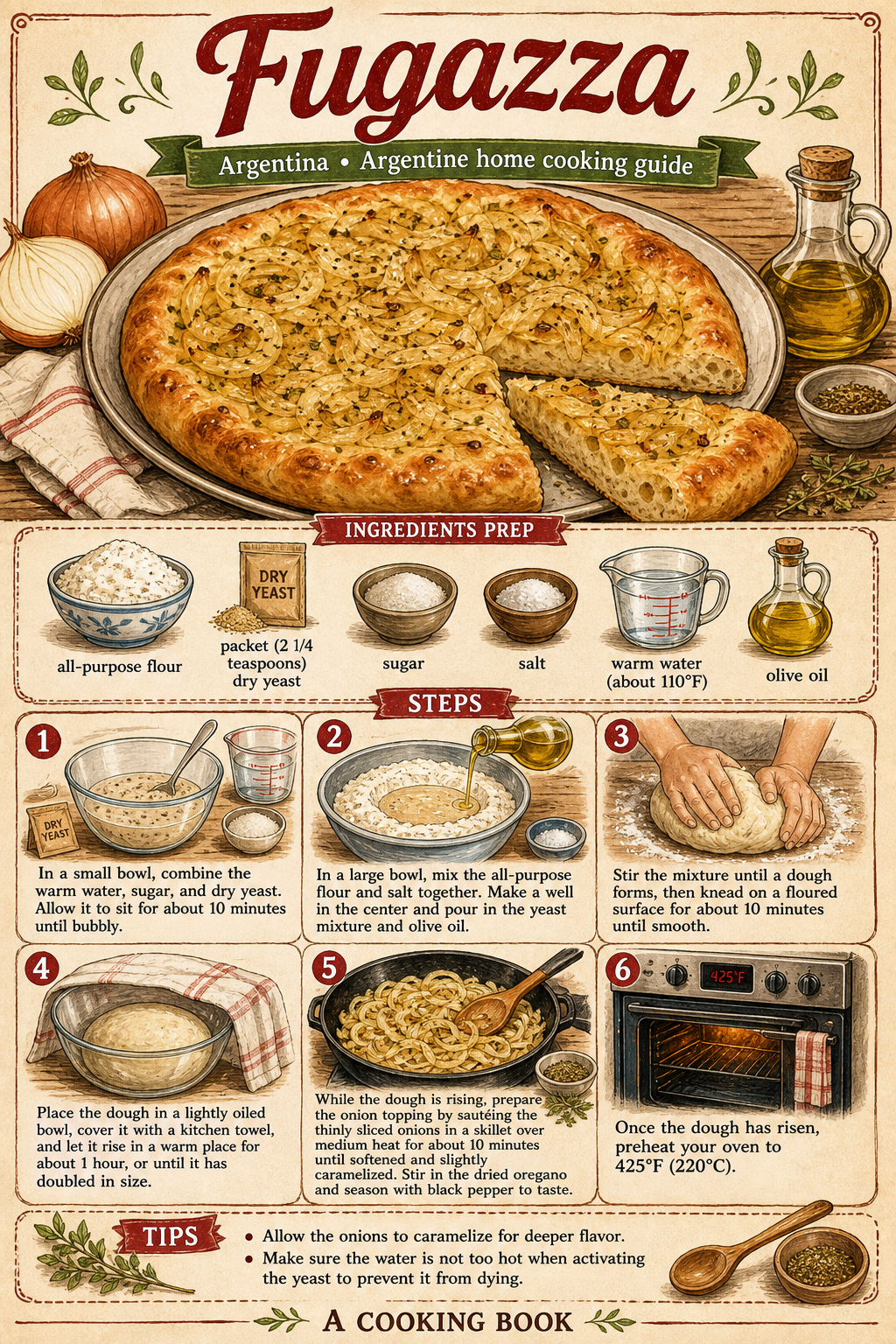Traditional Argentine Fugazza illustrated step-by-step cooking guide