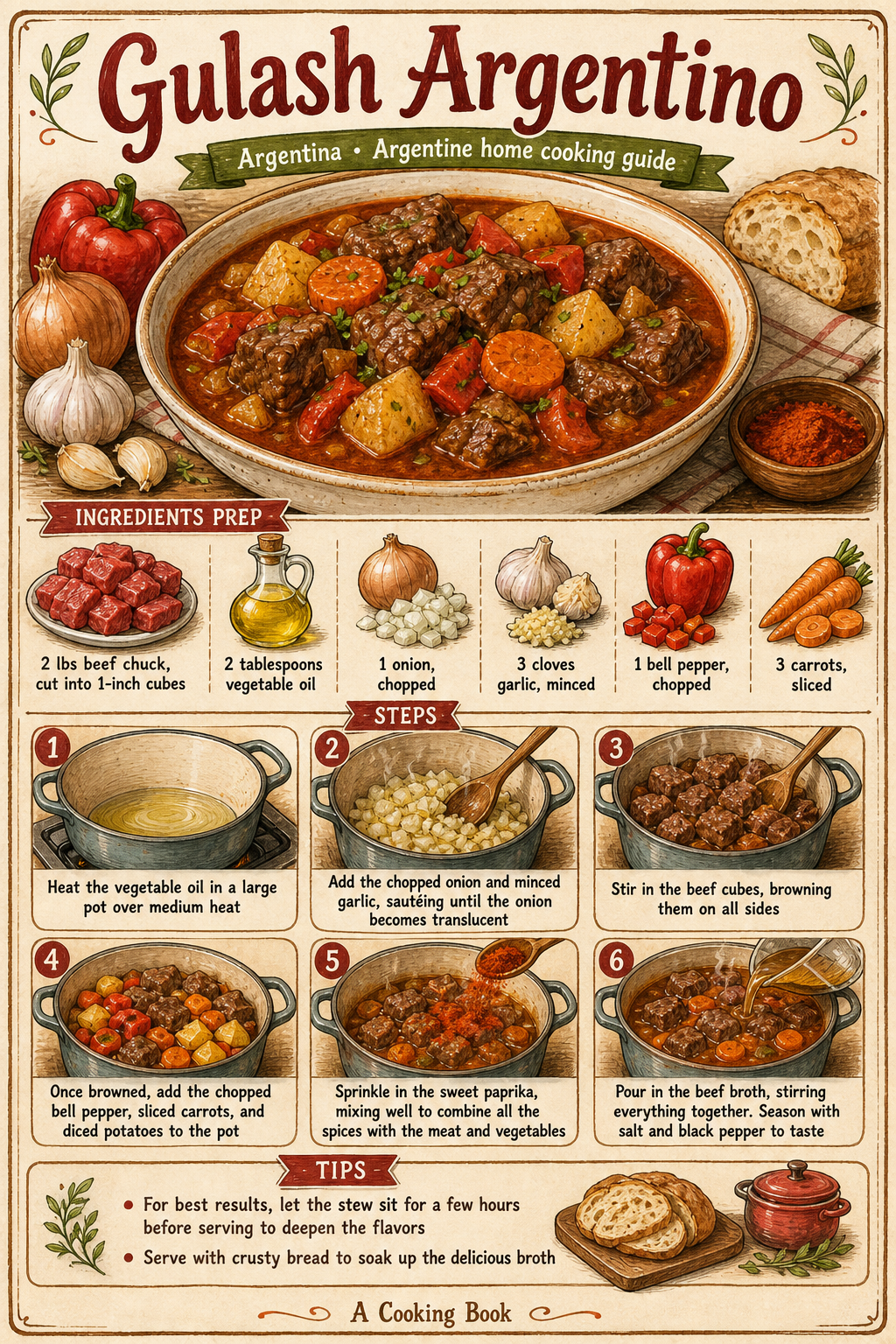 Traditional Argentine Guiso Carrero illustrated step-by-step cooking guide