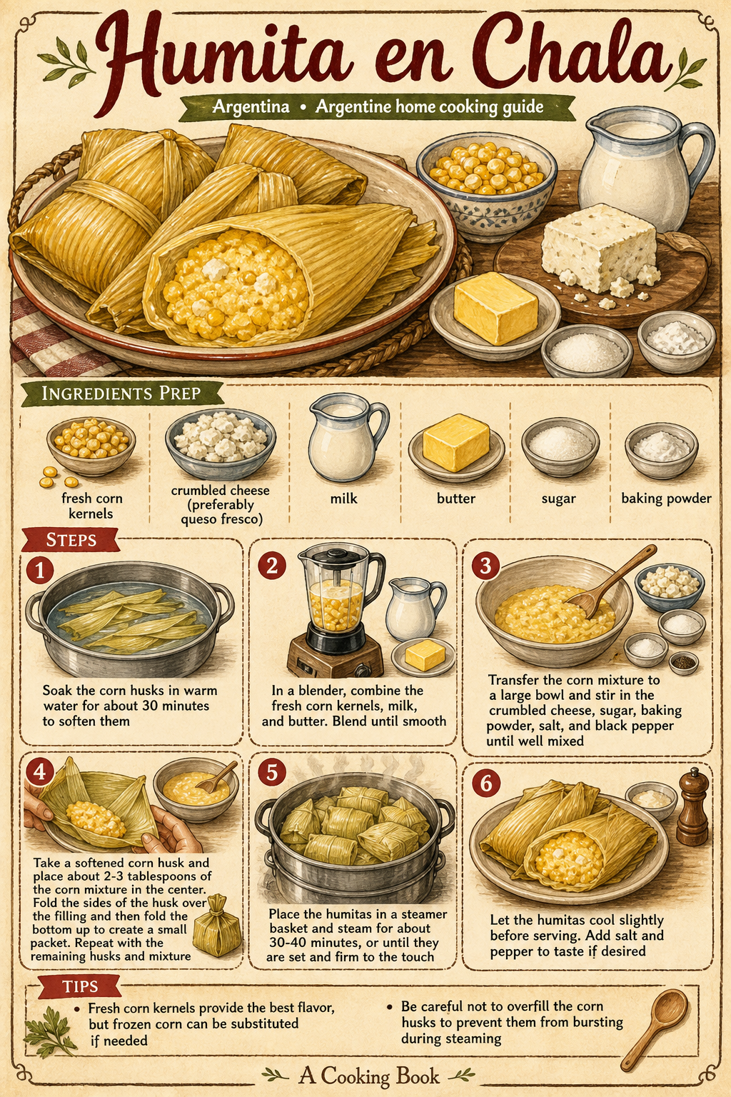 Traditional Argentine Humita en Chala illustrated step-by-step cooking guide