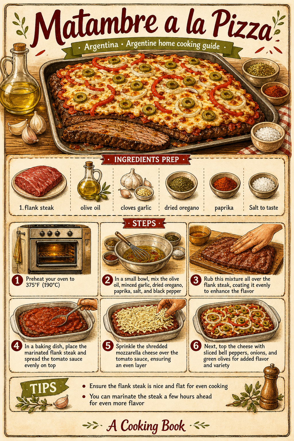 Traditional Argentine Matambre a la Pizza illustrated step-by-step cooking guide