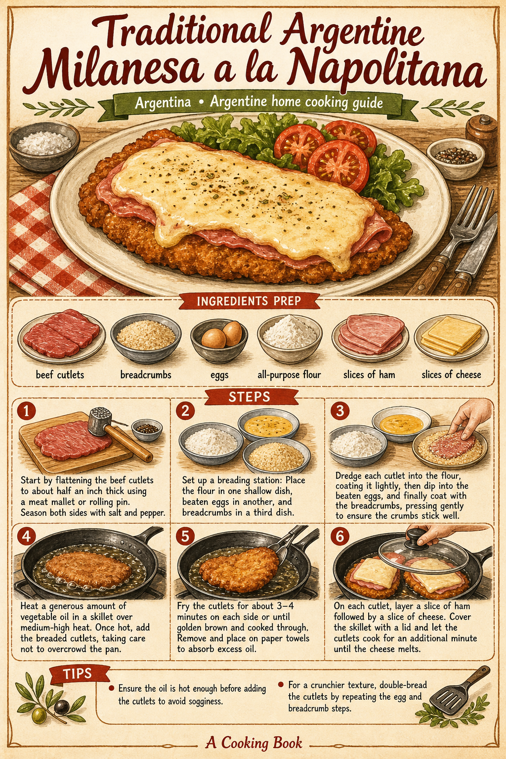 Traditional Argentine Milanesa a la Napolitana illustrated step-by-step cooking guide