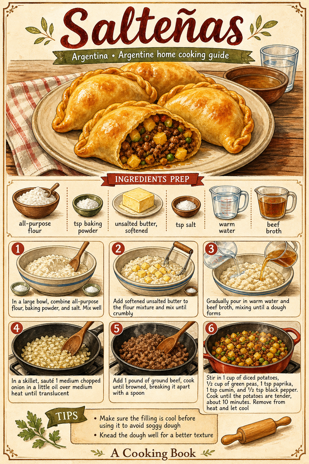 Traditional Argentine Empanadas Salteñas illustrated step-by-step cooking guide