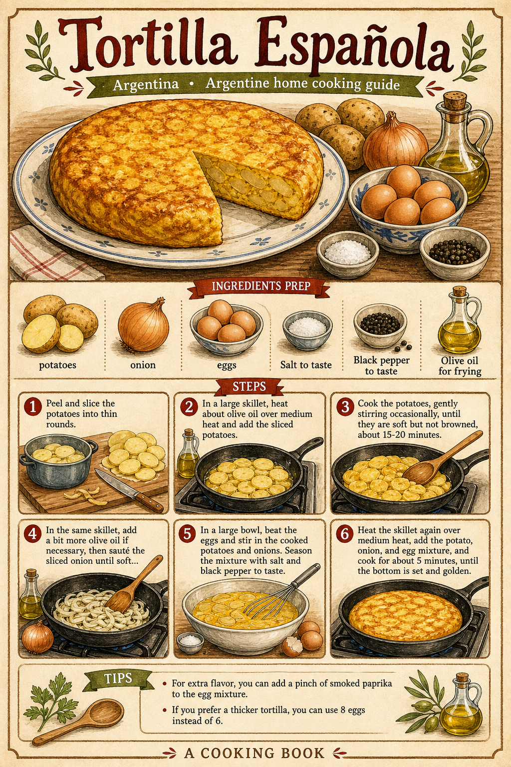 Argentine Home-Style Tortilla Española illustrated step-by-step cooking guide