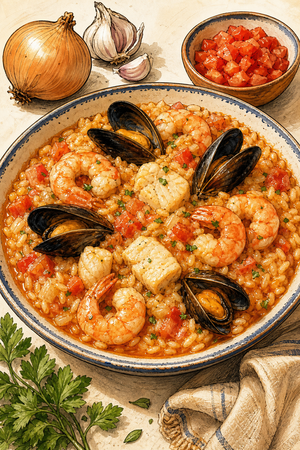 Traditional Portuguese Arroz de Marisco illustrated recipe card