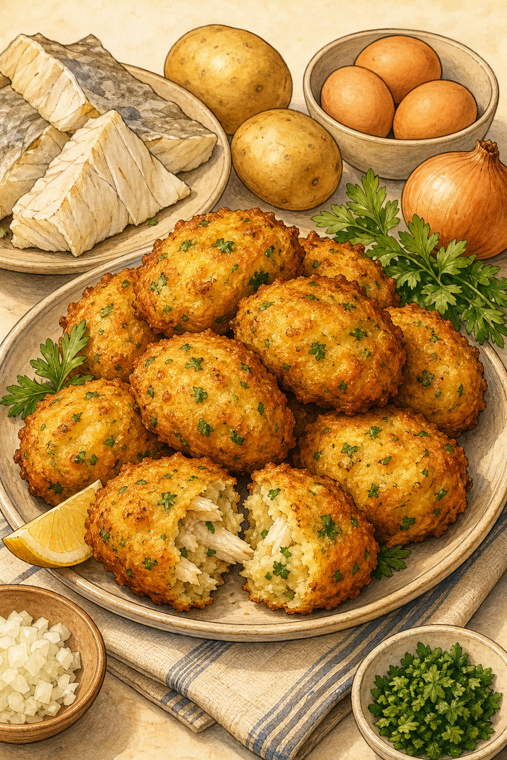 Traditional Portuguese Pastéis de Bacalhau illustrated recipe card