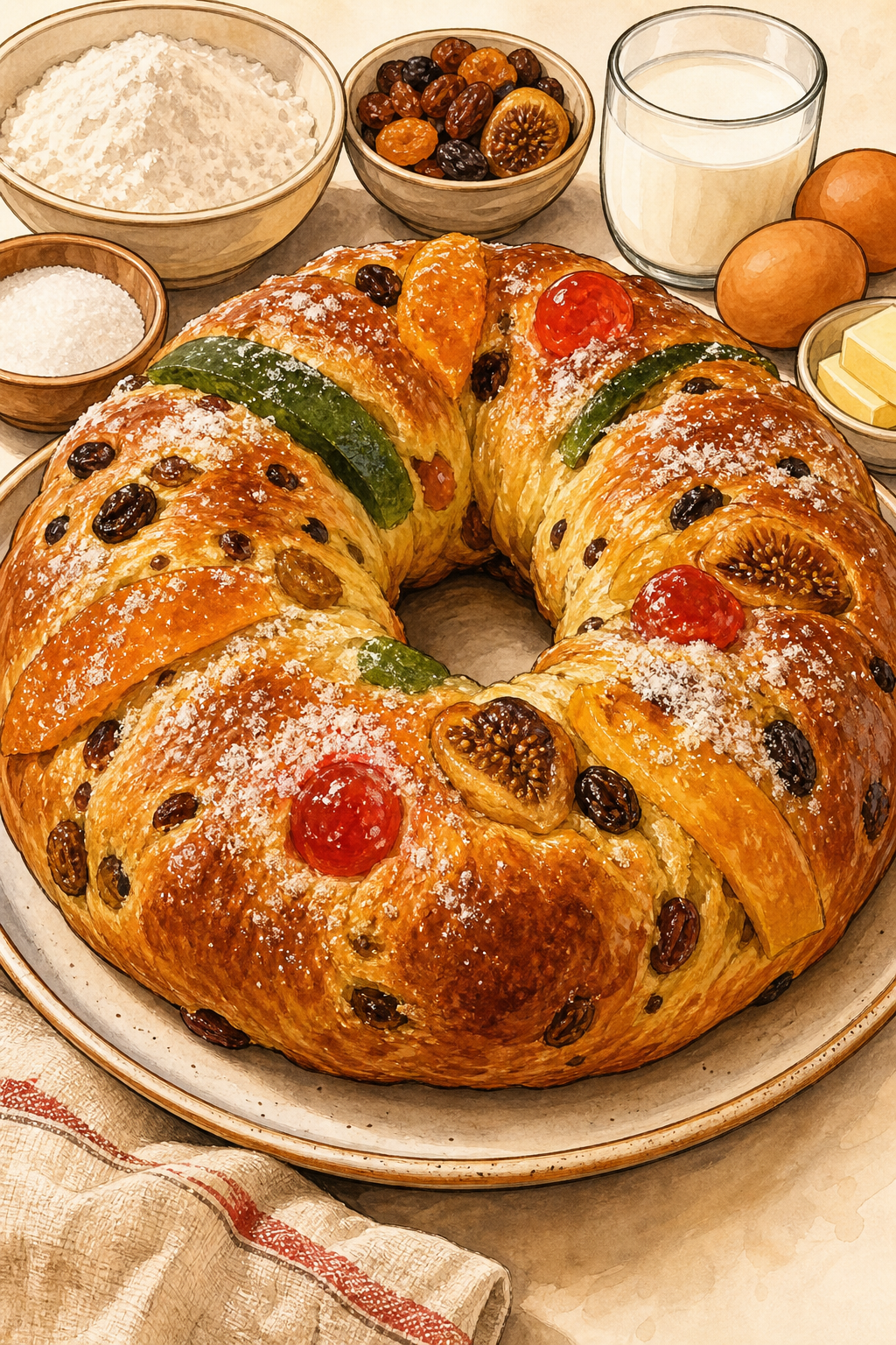 Traditional Portuguese Bolo Rei illustrated recipe card