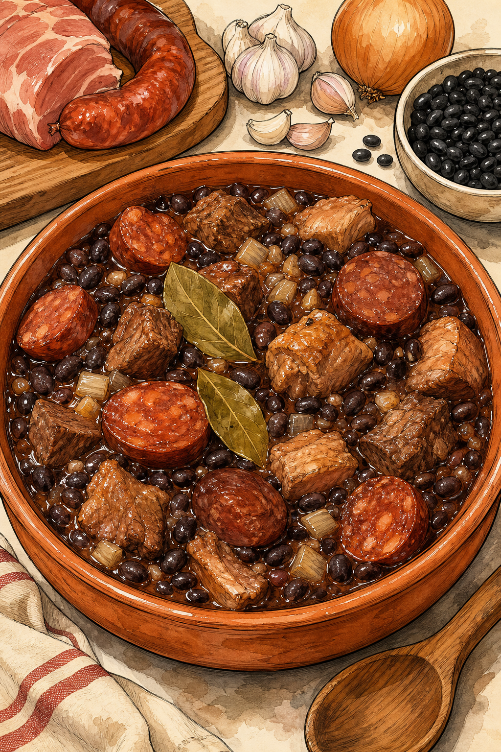 Traditional Feijoada à Transmontana illustrated recipe card