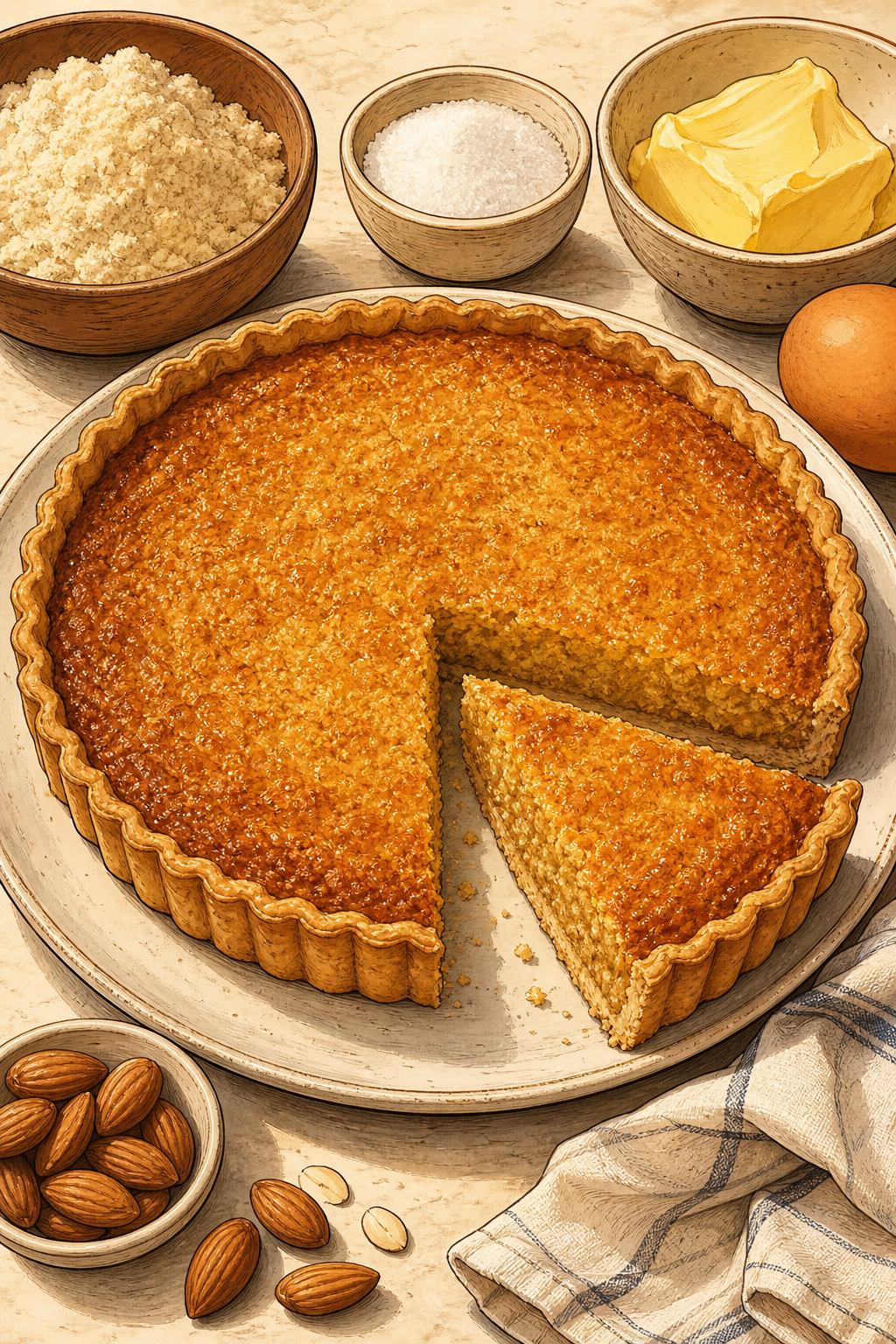 Traditional Portuguese Tarte de Amêndoa illustrated recipe card