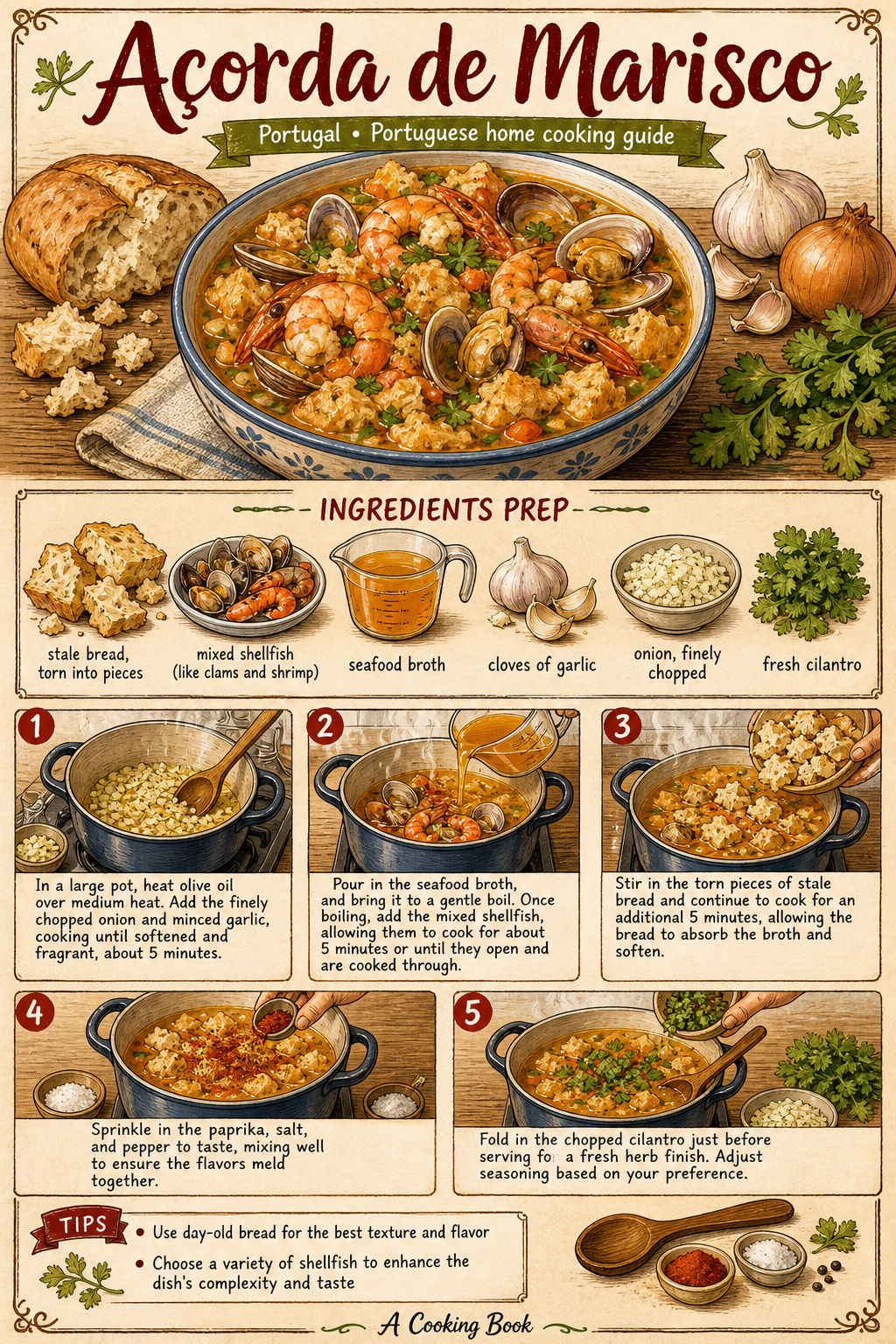 Traditional Açorda de Marisco illustrated step-by-step cooking guide
