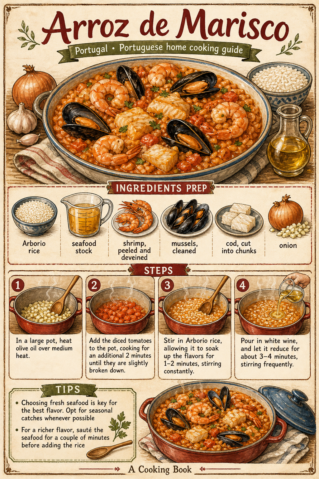 Traditional Portuguese Arroz de Marisco illustrated step-by-step cooking guide