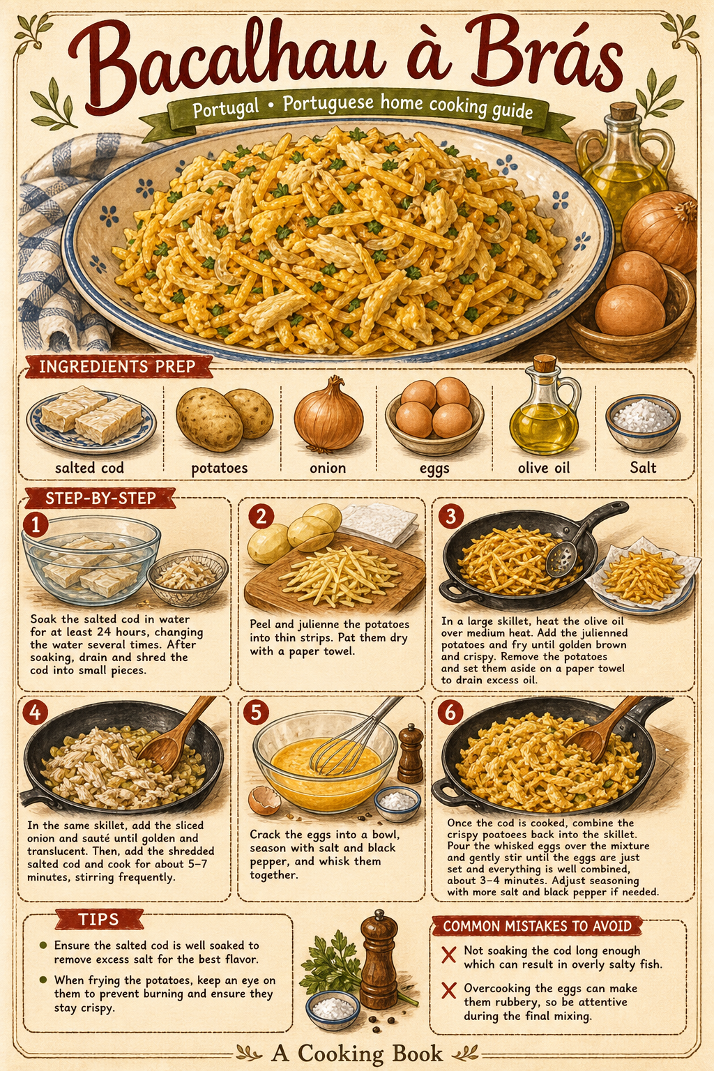 Traditional Bacalhau à Brás illustrated step-by-step cooking guide
