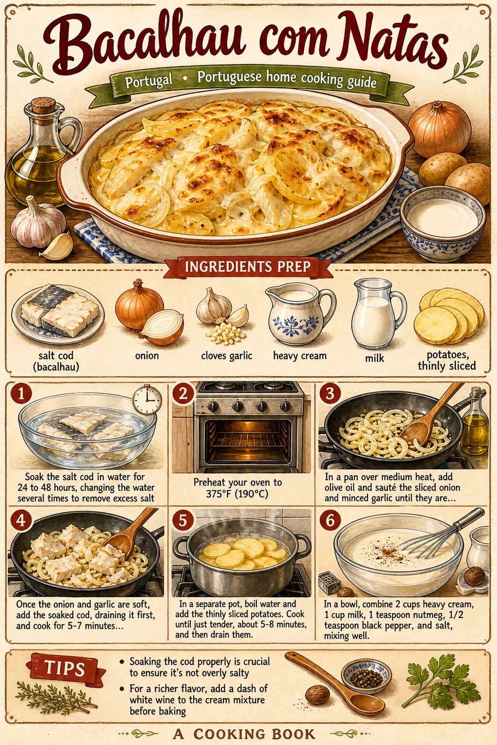 Traditional Bacalhau com Natas illustrated step-by-step cooking guide
